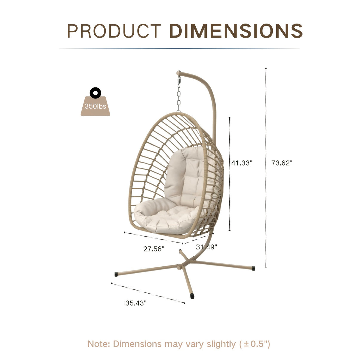Hanging Egg Chair with Stand Only for Outdoor, Foldable Rattan Wicker Hammock Egg Swing Chair for Porch Patio Garden, 350LBS Capacity, Beige