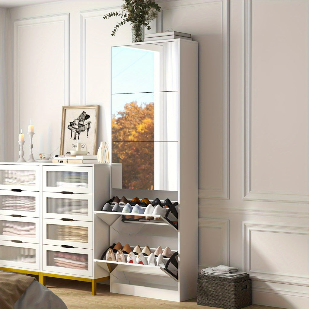 Organizedlife Large Capacity Shoe Cabinet with Full Length Mirror, 5 Flip Drawer Shoe Storage Cabinet, Wooden 2-Tier Shoe Rack Organizer Holds 13-30 Pairs, Slim Tipping Bucket Shoe Cabinet for Entryway, Hallway, Foyer