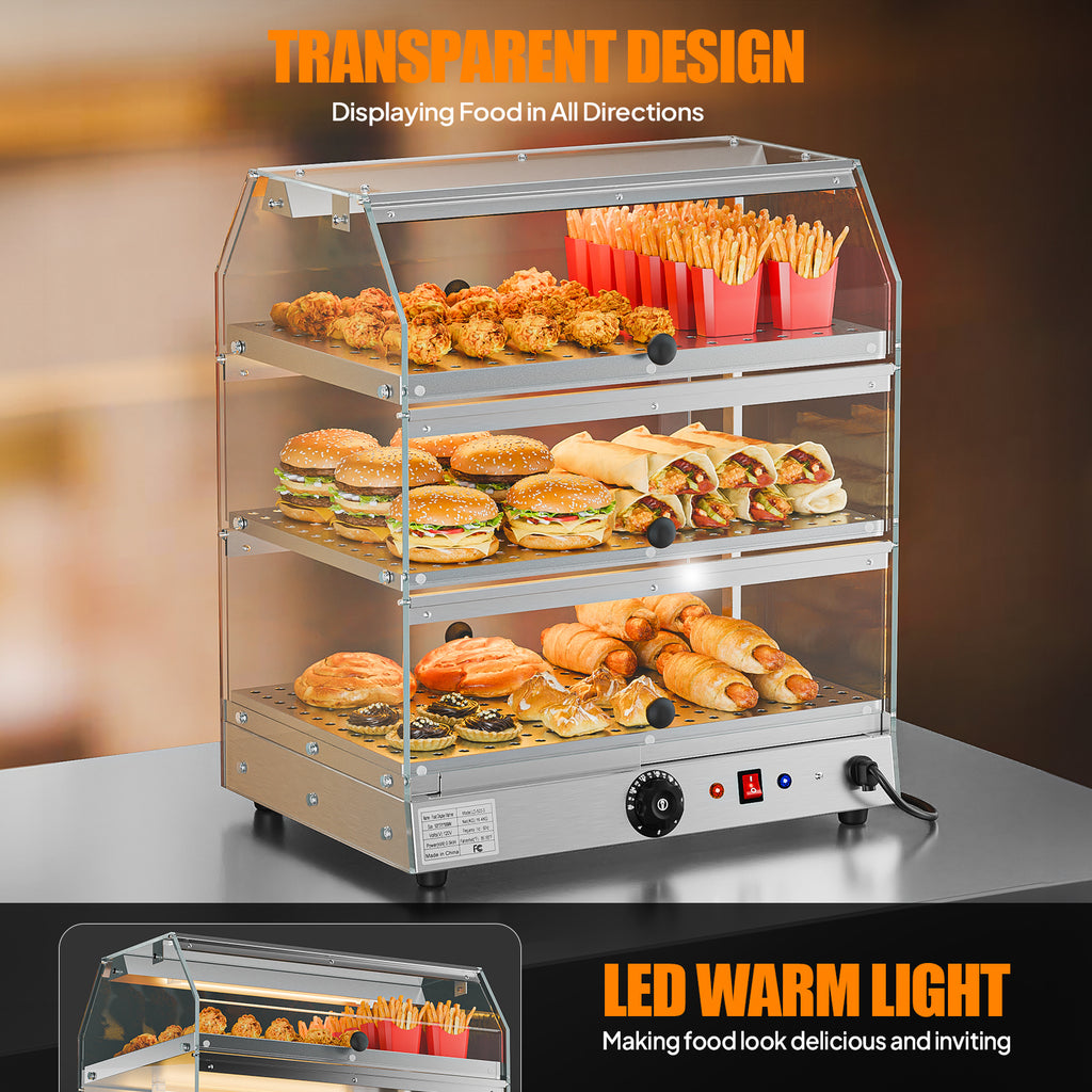 2-Tier Food Warmer Pizza Warmer Countertop, Food Warmer Display Pretzel Warmer with LED Lighting Front and Rear Doors, Electric Catering Hot Box Acrylic for Buffet Restaurant Cafe
