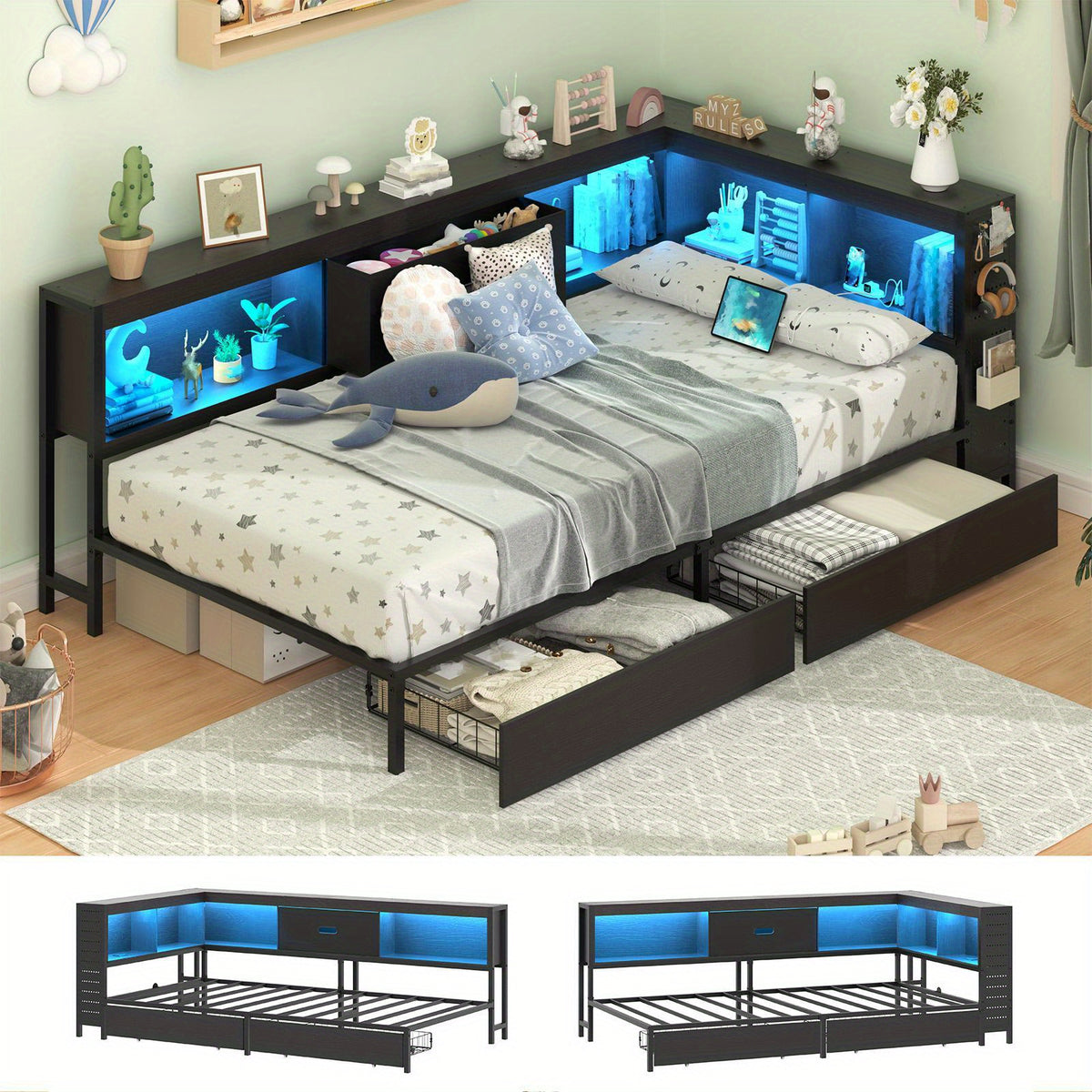 Corner Bed with Storage Bookcase and LED Light, Daybed with 2 Underneath Storage Drawers & Charging Station, Twin Bed Frames for Bedroom