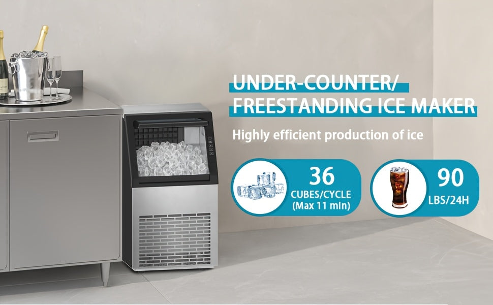 110 Lbs/24H Commercial Ice Maker, 36 Cubes/11Mins, Countertop Self-Cleaning Ice Maker, Stainless Steel Freestanding Machine, Ideal for Home Kitchen, Restaurant, Party