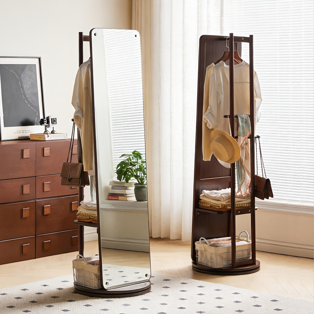 Full Length Floor Mirror with 360° Rotating Coat Rack and Shelves for Bedroom or Entryway Storage