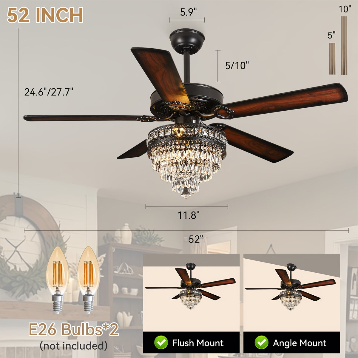 [Ceiling Fan With Light] 52-Inch Modern Ceiling Fan With Light And Remote Control - Quiet Motor Suitable For Rooms, Reversible Blades, Remote/ Control, Light Fixture, Plug, Voltage-Compatible For /Office (No Color-Changing)