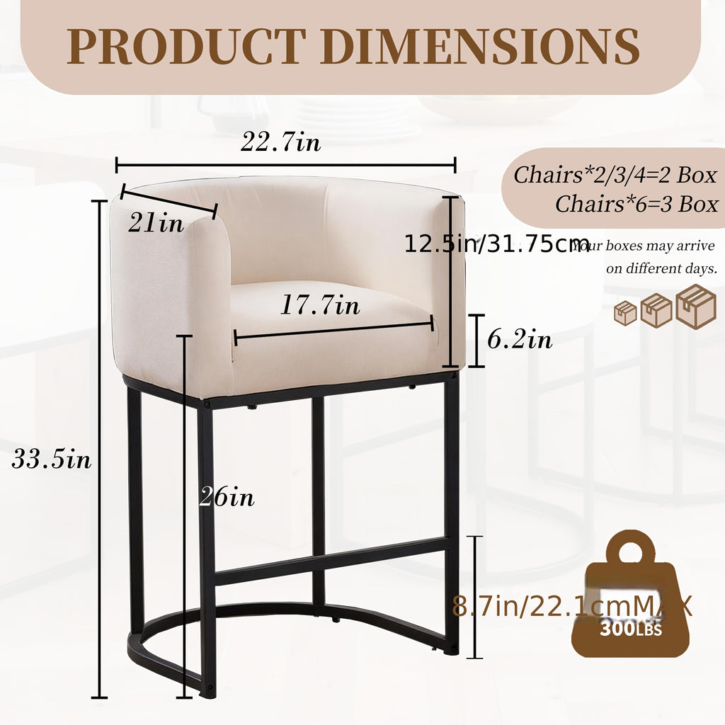 26-Inch Tall Modern Barrel-Shaped Beige Bar Stool - Bar Stool with Ergonomic Backrest And Armrests, Linen And PU Fabric Cushion And Sturdy Black Metal Frame, Suitable for Kitchen Islands, Breakfast Bars, And Home Decoration