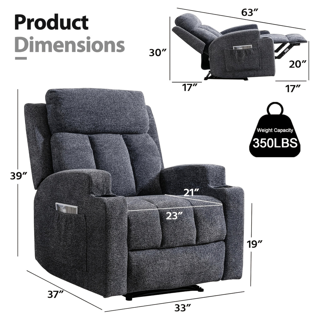 Manual Recliner Chair with Massage And Heat Ergonomic Overstuffed Breathable Fabric Reclining Chair with 2 Side Pockets, 2 Cup Holders, Remote Control, for Game & Recreation Room Furniture