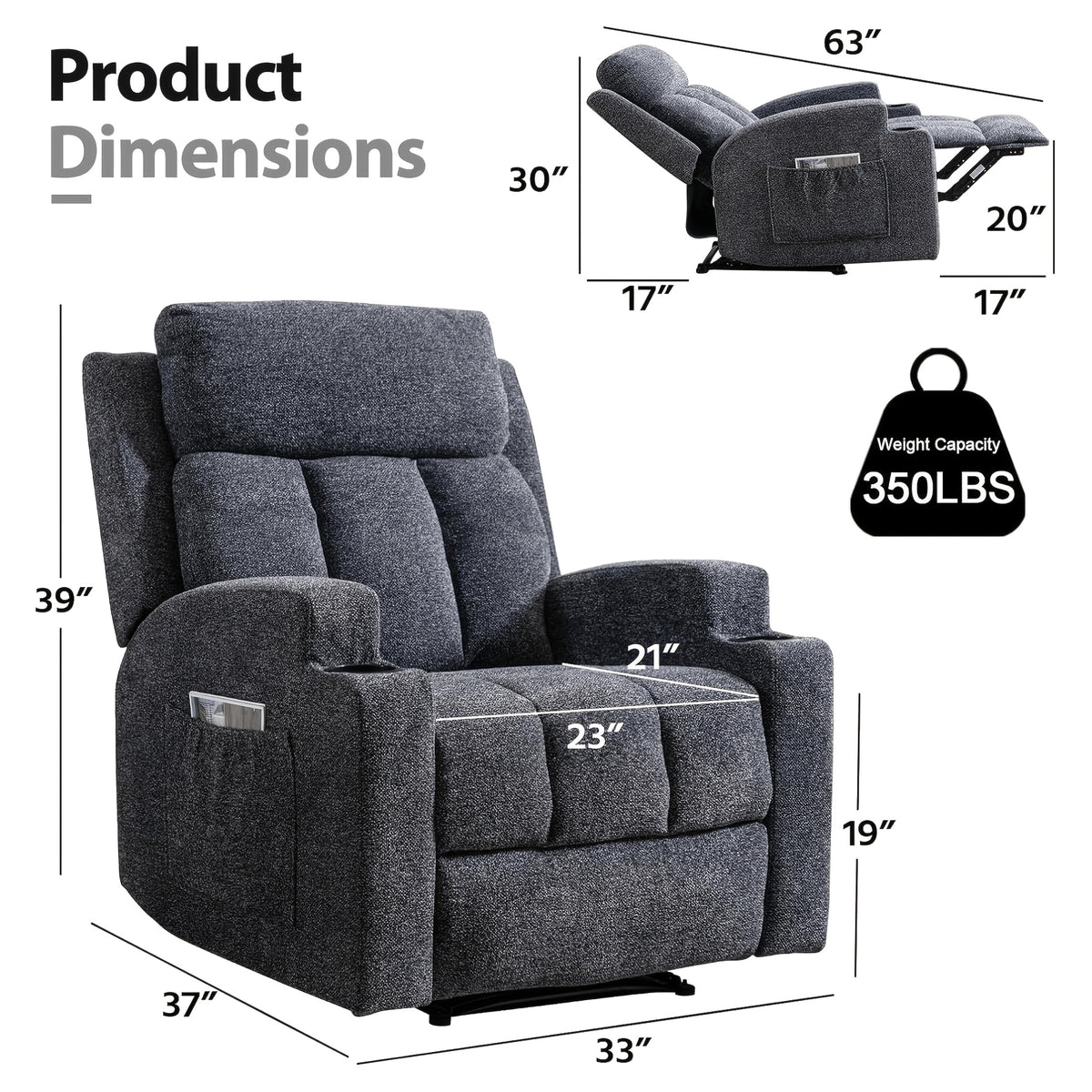 Manual Recliner Chair with Massage And Heat Ergonomic Overstuffed Breathable Fabric Reclining Chair with 2 Side Pockets, 2 Cup Holders, Remote Control, for Game & Recreation Room Furniture