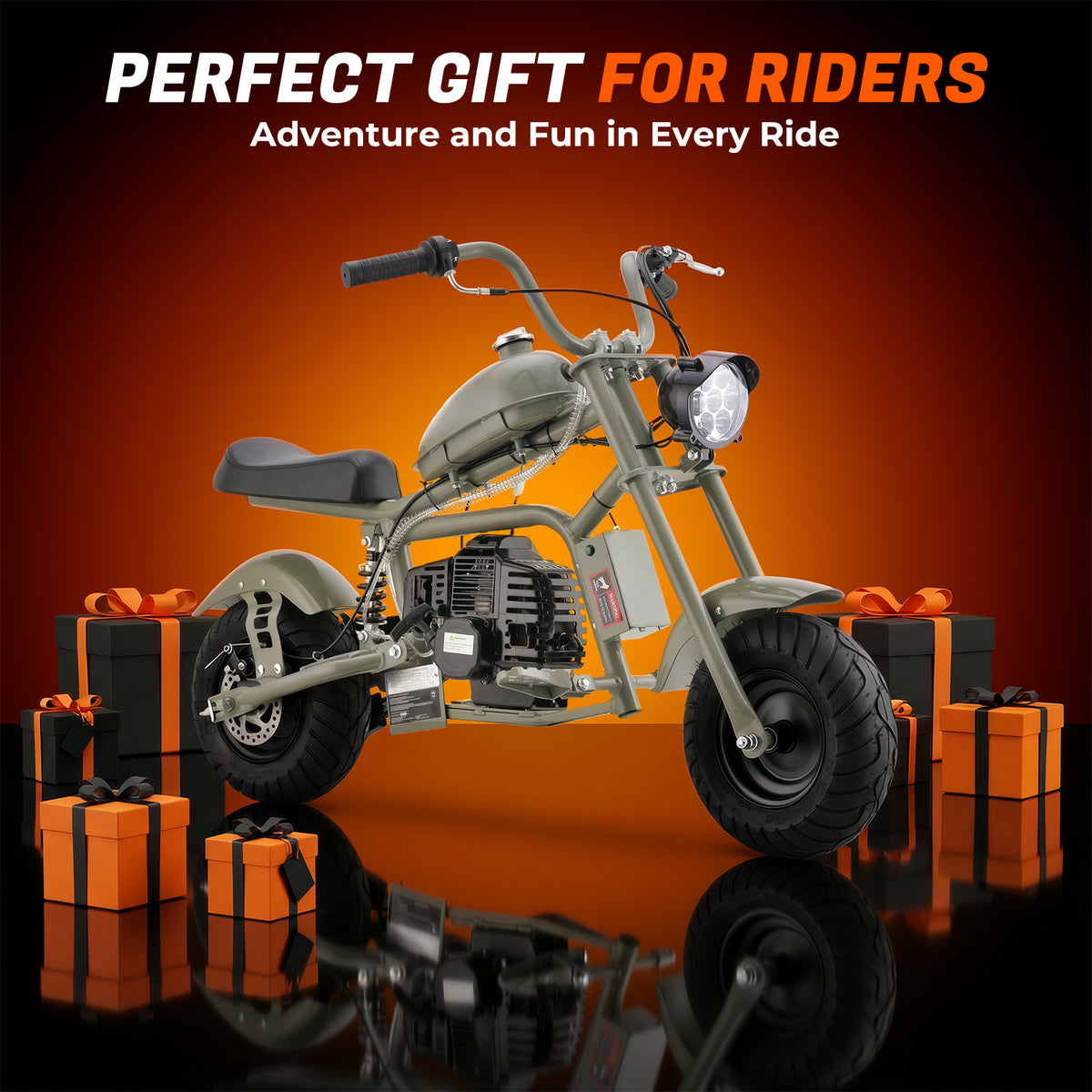 Gas Mini Chopper Bike, DB003 Model 40CC4-Stroke Dirt Bike with Big Headlight, Rear Shock Absorber, Metal Frame, Disc Brakes, Max Load 165Lbs, Up to 20Mph, Product name: gas mini dirt bike, chopper bike