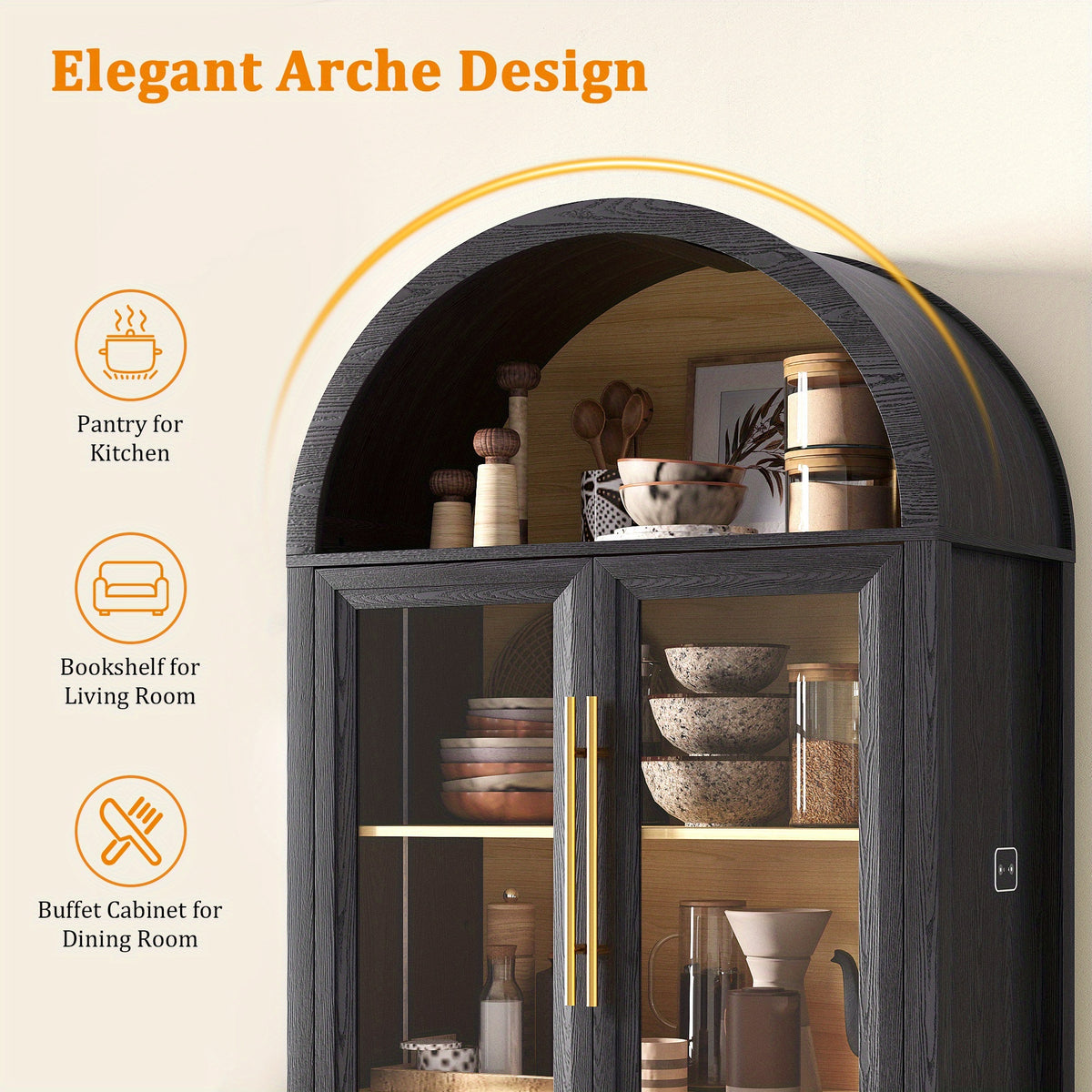 HWB Display Curio Cabinet with Glass Doors, Arched Bookcase 5-Tier Tall Storage Cabinet for Collectibles, Display Case with 3 Color Lights, Human Sensor Design, Black And Brown
