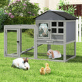 2-Tier Wood Rabbit Hutch, Indoor Outdoor Small Animal House with Removable Tray, Ramp, Openable Roof, Bunny Cage, Grey/Orange with Colorful Patterns