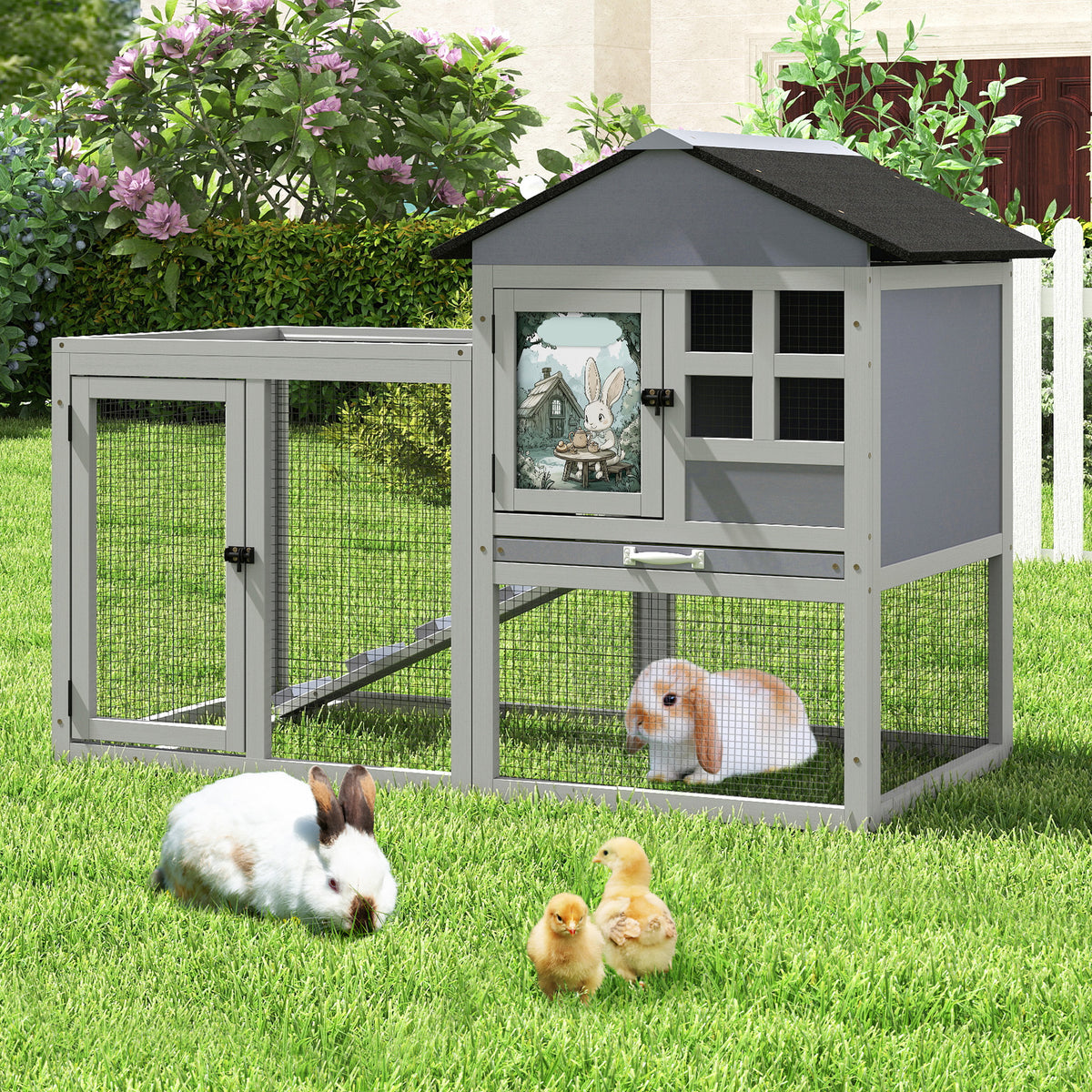 2-Tier Wood Rabbit Hutch, Indoor Outdoor Small Animal House with Removable Tray, Ramp, Openable Roof, Bunny Cage, Grey/Orange with Colorful Patterns