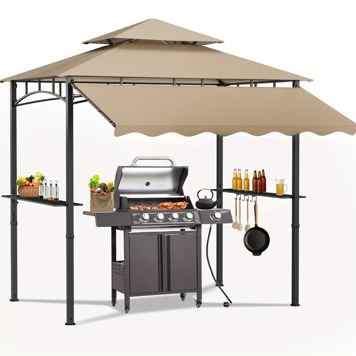 8'X7.8' Grill Gazebo Canopy - Sturdy Steel Structure, Two-Tiered Canopy for Outdoor Grilling with Shelves, Ceiling Hooks, And Ground Stakes, Outdoor Patio Canopy Tent BBQ Gazebo for Your Backyard