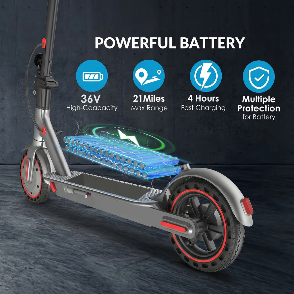 Long-Range Adult Electric Scooter with a Powerful 350W Motor, Top Speed of 19 Mph, Range of Up to 21 Miles, 8.5-Inch Solid Tires, Foldable Commuter Electric Scooter with APP Control, Dual-Brake System, LED Lights, And Portable Folding Design
