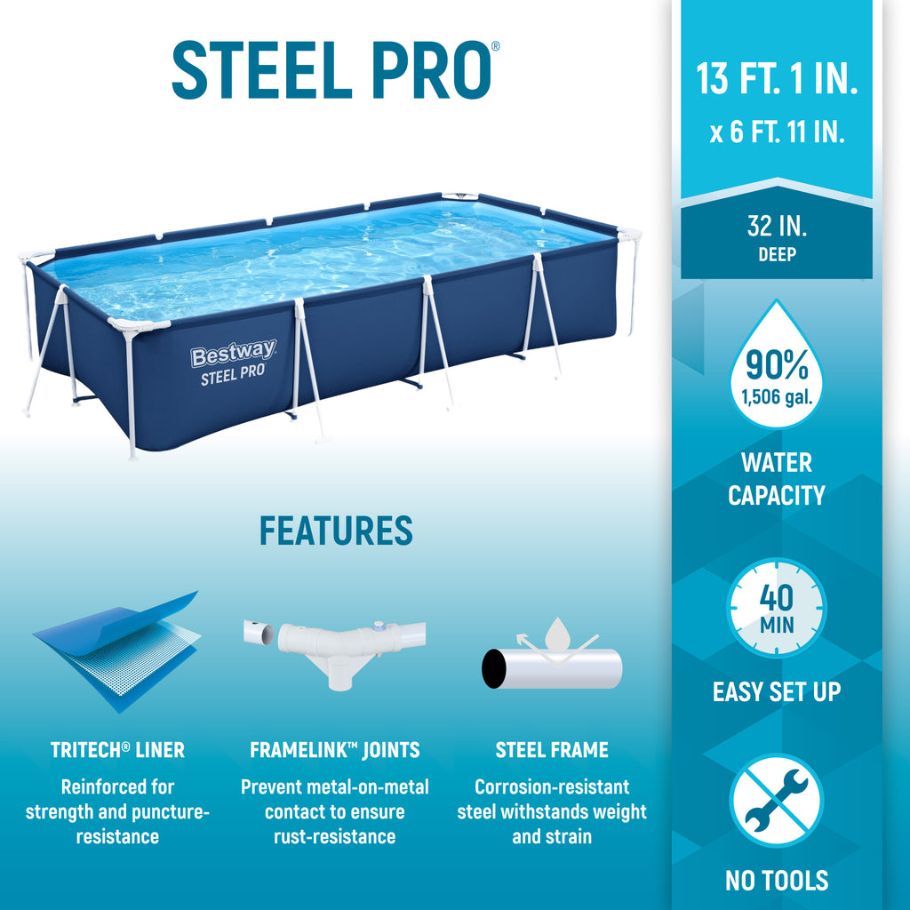 Steel Pro 13 Foot x 32 Inch Rectangular Above Ground Outdoor Pool Steel Framed Vinyl Swimming Pool with 1,506 Gallon Water Capacity, Blue