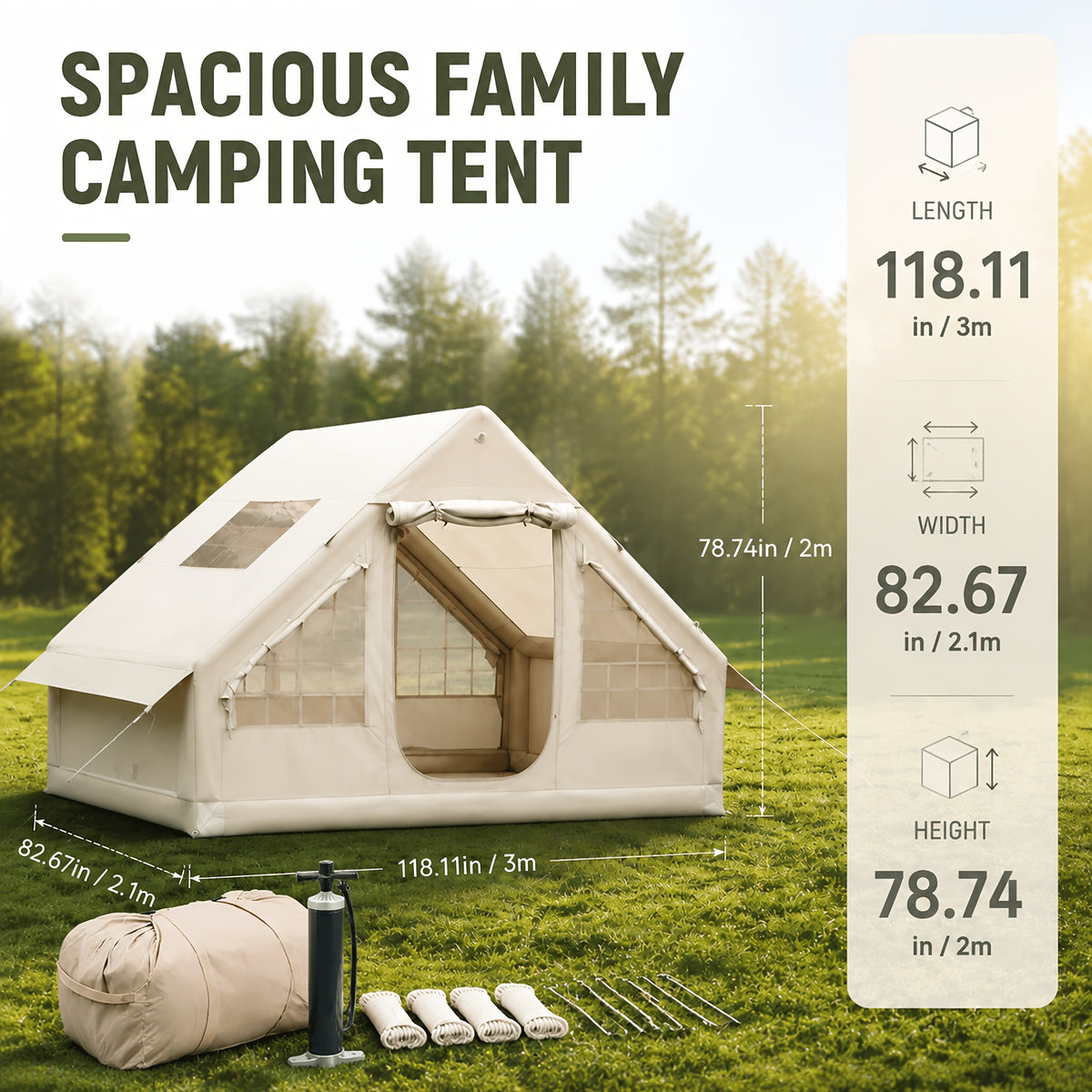 6.3/12 Square Meter Luxury Inflatable Tent, 4-6/8-10 Person All-Season Tent, Easy to Set Up