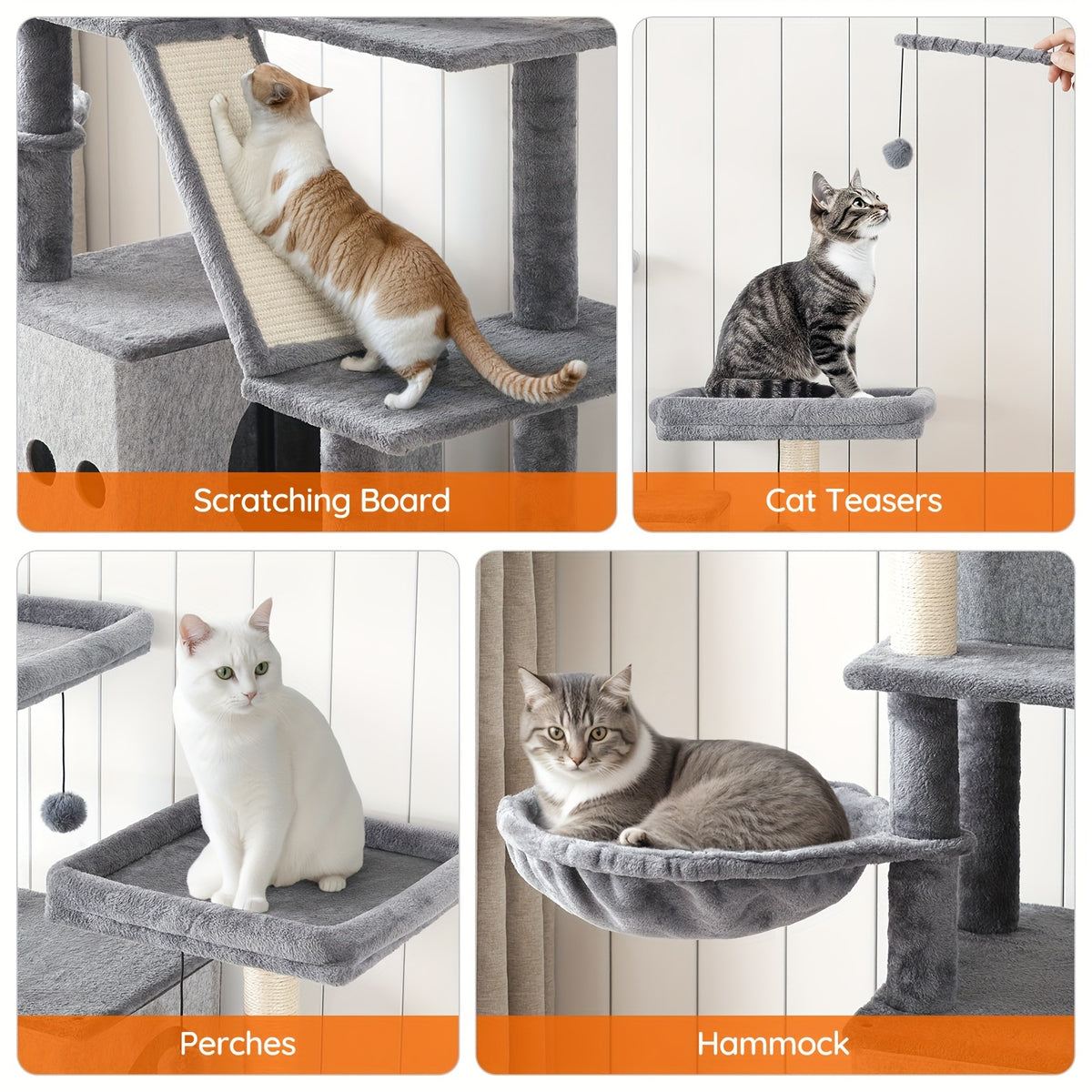 Double Litter Box Enclosure with Cat Tree, 45.3"L X 17.7"W X 68.9"H All-In-One Modern Cat Tower with Cat Bed, Hidden Litter Box Enclosure Furniture, with Hammock, Sisal Posts, Greige