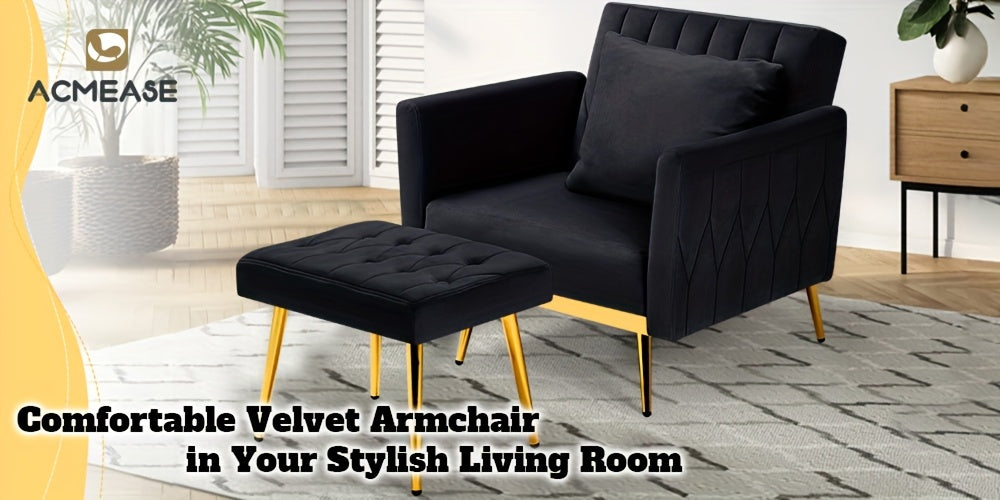 ACMEASE 31.5 Inch Velvet Adjustable Accent Chair with Ottoman & Pillow, Tufted Single Sofa Chair with Golden Metal Legs for Living Room