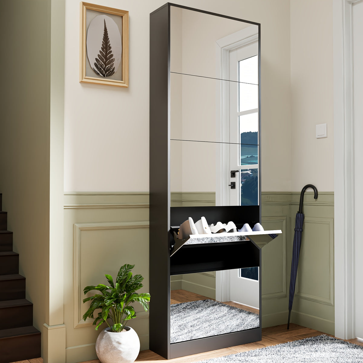Organizedlife Shoe Cabinet with Full-Length Mirror, 5-Tier Narrow Entryway Shoe Storage Organizer, Flip-Drawer & Hidden Shoe Racks, Space-Saving Tall Unit for Small Hallways, Closets, Apartments