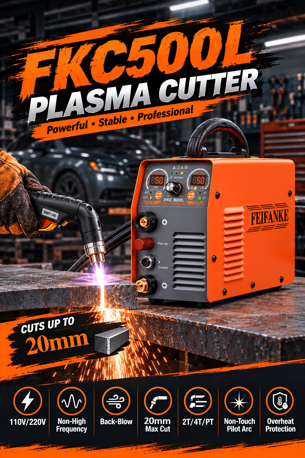 FEIFANKE 50A Plasma Cutter, 110V/220V, Non-Touch Pilot Arc, Non-High Frequency Blow-Back Start, 20mm Max Cut, Air Sensor, Digital Display, PT/2T/4T, Overheat Protection for Automotive Repair, Metal Fabrication, DIY
