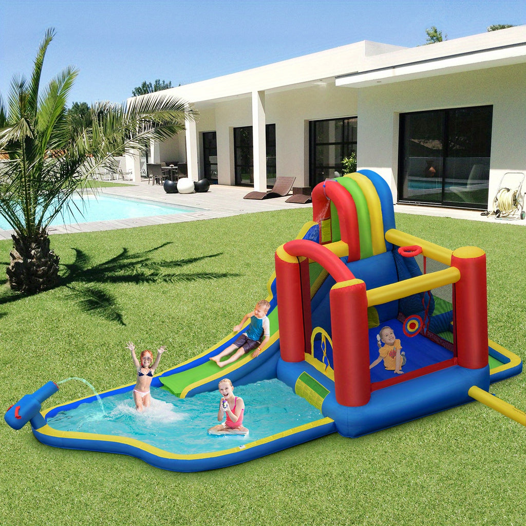 COSTWAY Inflatable Water Slide Park, Inflatable Bounce House W/ Mighty Splash Pool, Climbing Wall, Trampoline &Water Cannon, Jumping Castle for Kid Aged 3-10, Including Carry Bag, Repairing Kit, Stakes, Hose, Ball Pit, 740W Air Blower