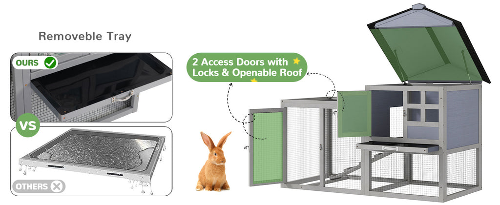 2-Tier Wood Rabbit Hutch, Indoor Outdoor Small Animal House with Removable Tray, Ramp, Openable Roof, Bunny Cage, Grey/Orange with Colorful Patterns