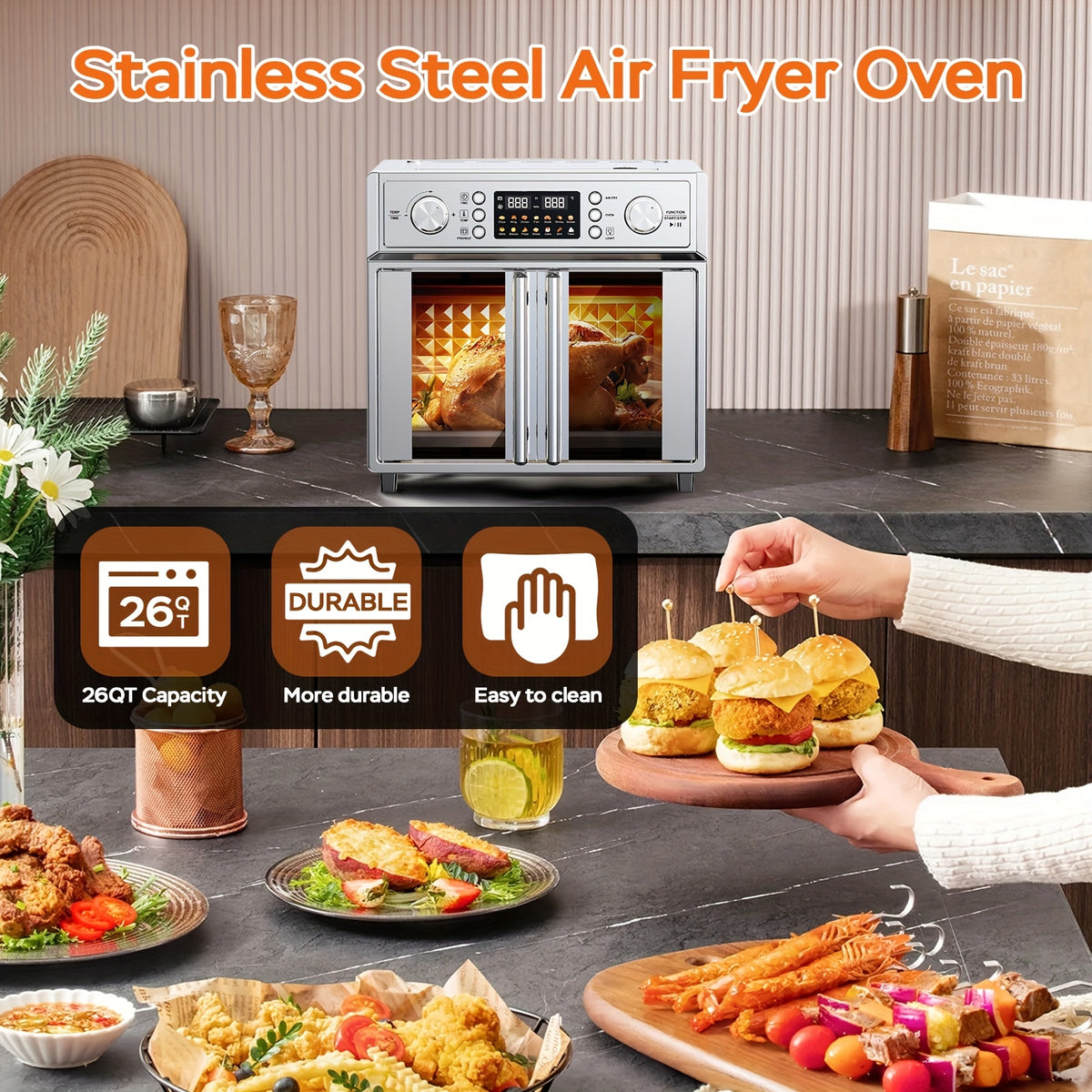 Plumchef 29.5QT Large Capacity French Double-Door Air Fryer Convection Toaster Oven - 1700W, 14 Preset Menus, 7-In-1 Multi-Function (Bake Roast Grill Toast Dehydrate Defrost), Stainless Steel, Silvery