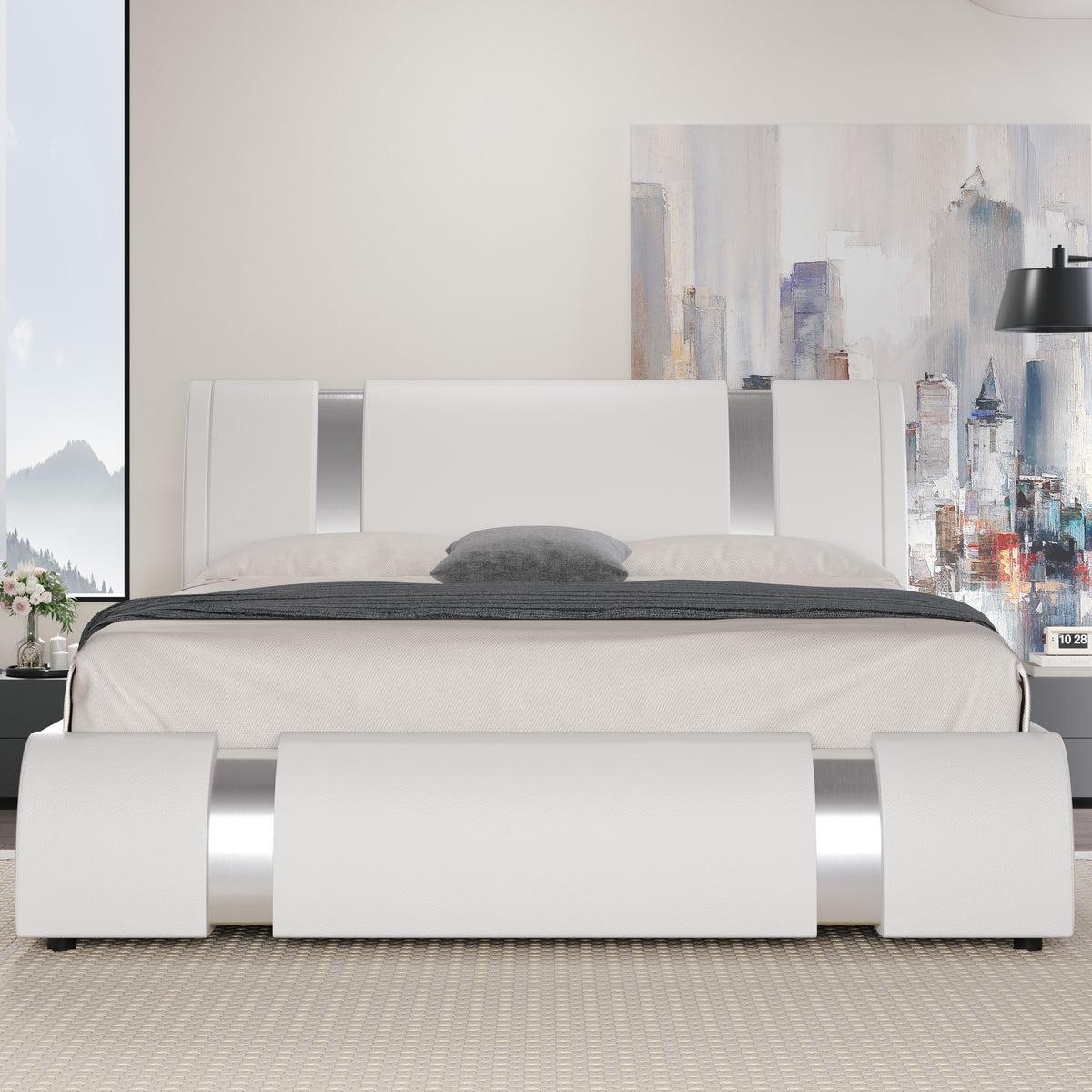 HOOMIC Contemporary Imitation Leather Bed Structure Featuring Metal Accents, Low-Set Platform Bed with Adjustable Headboard, Sturdy Wooden Slat Support, No Box Spring Required