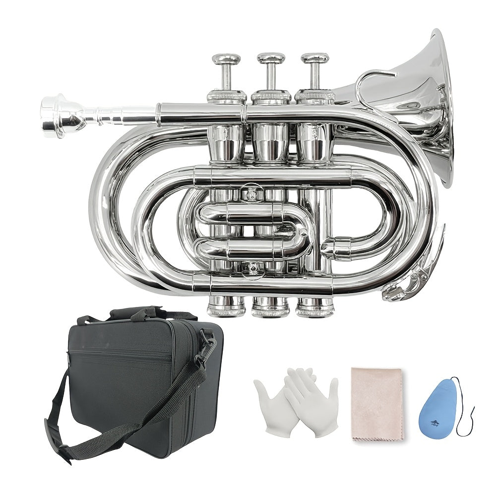 WUQIMUSC Bb Pocket Trumpet Nickel Plated, Brass Beginner Trumpet with 7C Mouthpiece, Case, Cleaning Kit & Gloves Musical Instruments Gift