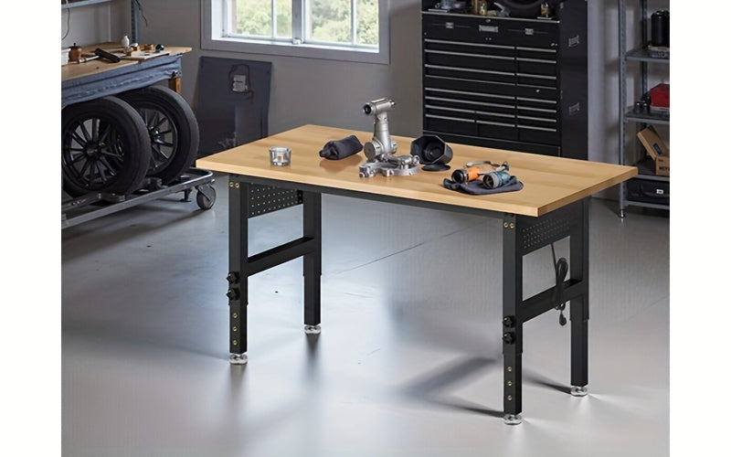 MUWOOD 48" 60" 96" Adjustable Workbench with Power Outlet, Heavy Duty Garage Table, 2000/5000 LBS Load, Pegboard & Thick Rubber Wood Top, Height Adjustable 28"-40" for Workshop, Home, Office