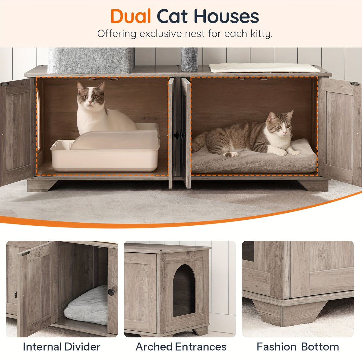 Double Litter Box Enclosure with Cat Tree, 45.3"L X 17.7"W X 68.9"H All-In-One Modern Cat Tower with Cat Bed, Hidden Litter Box Enclosure Furniture, with Hammock, Sisal Posts, Greige