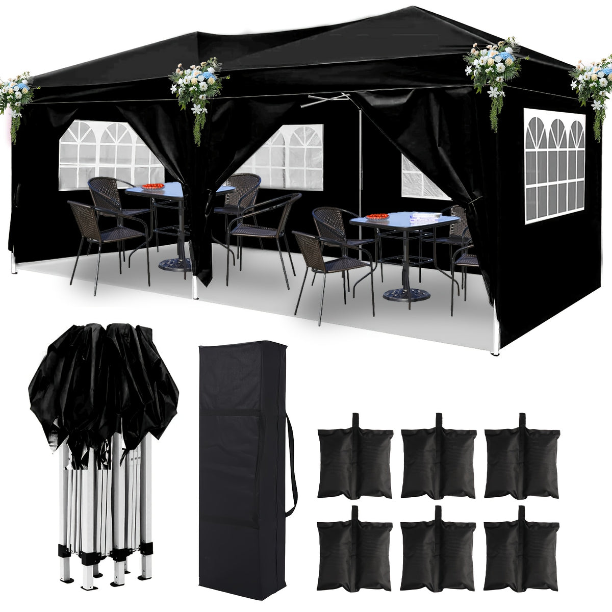 10X20ft Pop Up Wedding Party Tent with 6 Sidewalls, Heavy Duty Commercial Outdoor Canopy All Season Wind & Waterproof Canopy Gazebo with Storage Bag