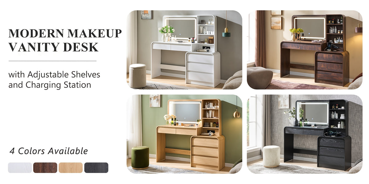 Makeup Vanity Desk with 5 Drawers, Vanity Table with Touch Screen LED Mirror & Charging Station for Bedroom, Adjustable Shelf, Curved Profile Design