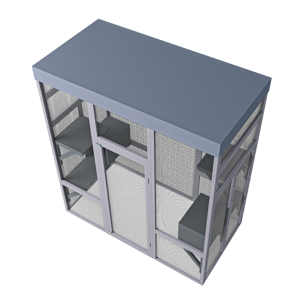 [Outdoor Catio Enclosure] 62.6 Inch Large Wooden Outdoor Catio Enclosure for Cats | Secure Pet Cage with Roof & Rust-Proof Wire Mesh | Includes 2 Napping Houses & Multi-Level Platforms for Backyard & Patio
