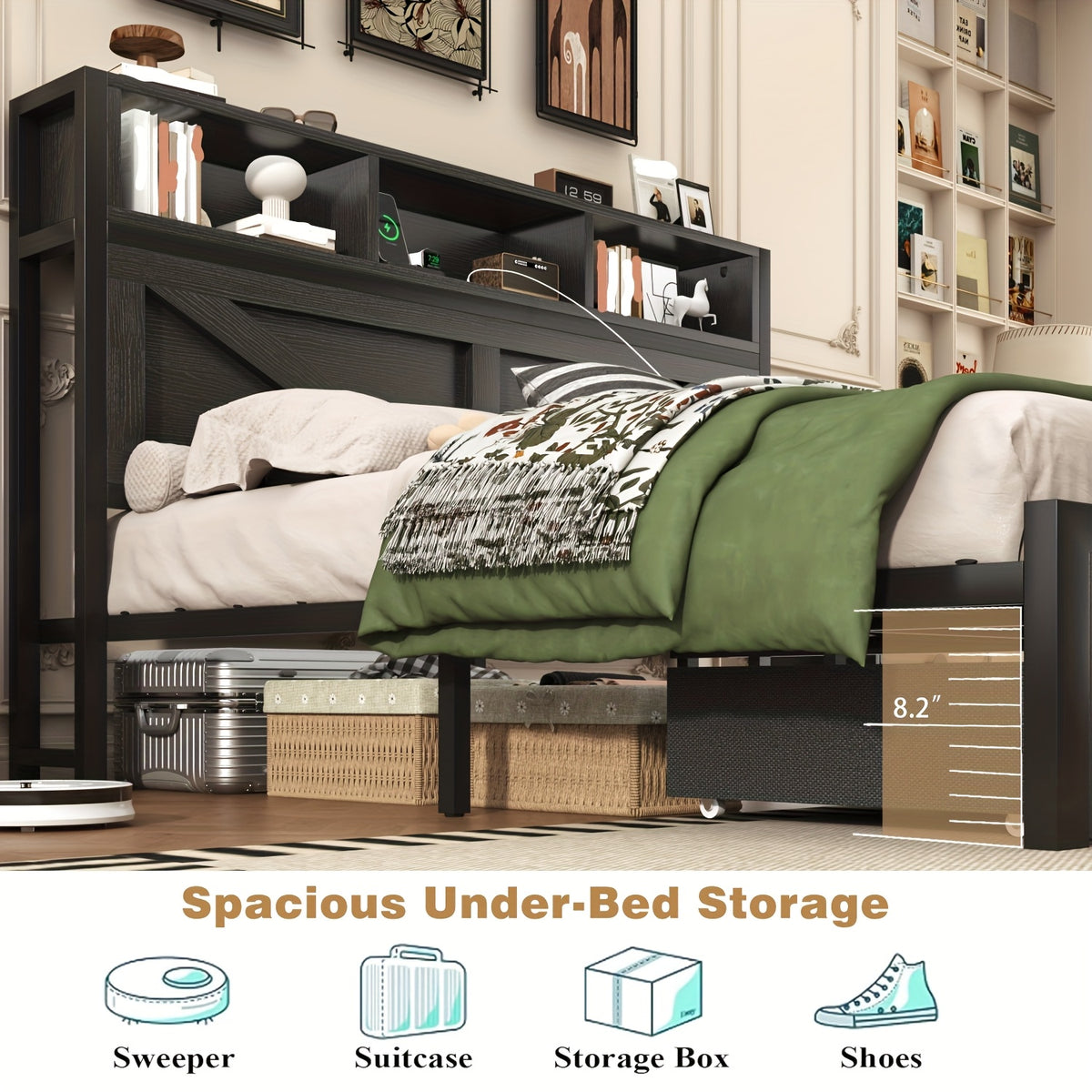 Farmhouse Bed Frame with Storage Headboard, LED Lights, Charging Station and 2 Drawers, Arrow Design, No Box Spring Needed, Rustic Brown