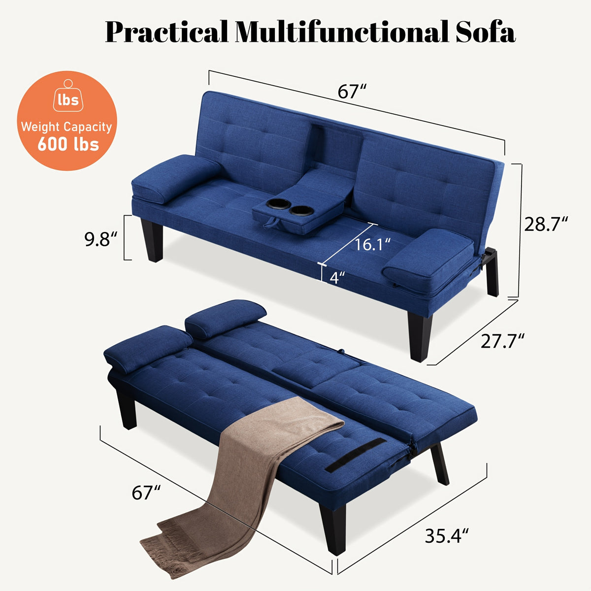 67" Convertible Futon Sofa Bed, 2 Thickness Seat Cushion, Adjustable Folding Couch with Detachable Armrest & Cup Holders, Heavy Duty 700 LBS Metal Frame, Multifunctional Sleeper Sofa for Living Room Bedroom Apartment Dorm
