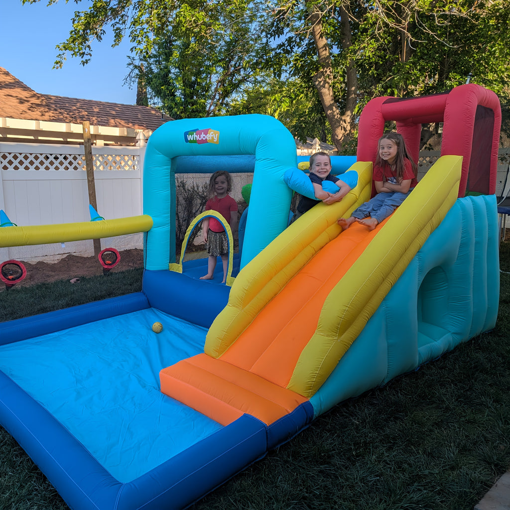 Inflatable Bounce House with Blower for Indoor Outdoor, Rabbit Ears Center Obstacle Bouncy Castle with Ball Pit/Splash Pool, Air-Filled Jumping Bouncer with Center Obstacle/Tunnel/Climbing Wall/Dartboard/Ring Toss/Ball Holes/Hoop