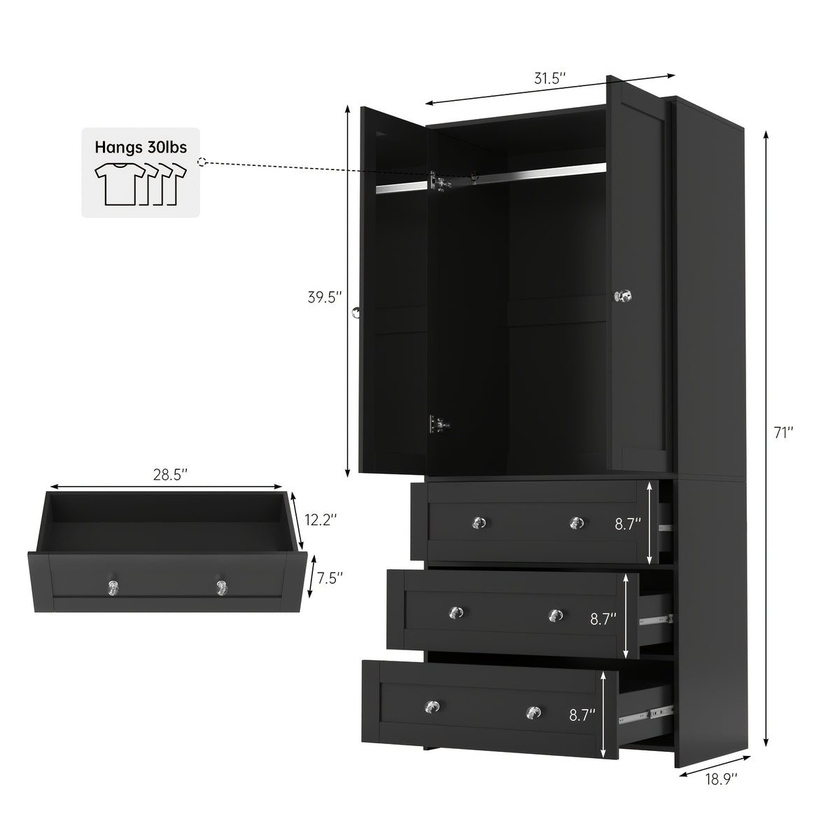 31.5"/47"/63" Large Wardrobe Armoire Closet with Hanging Rod, Mirror And Doors, Drawers & Shelves, for Bedroom