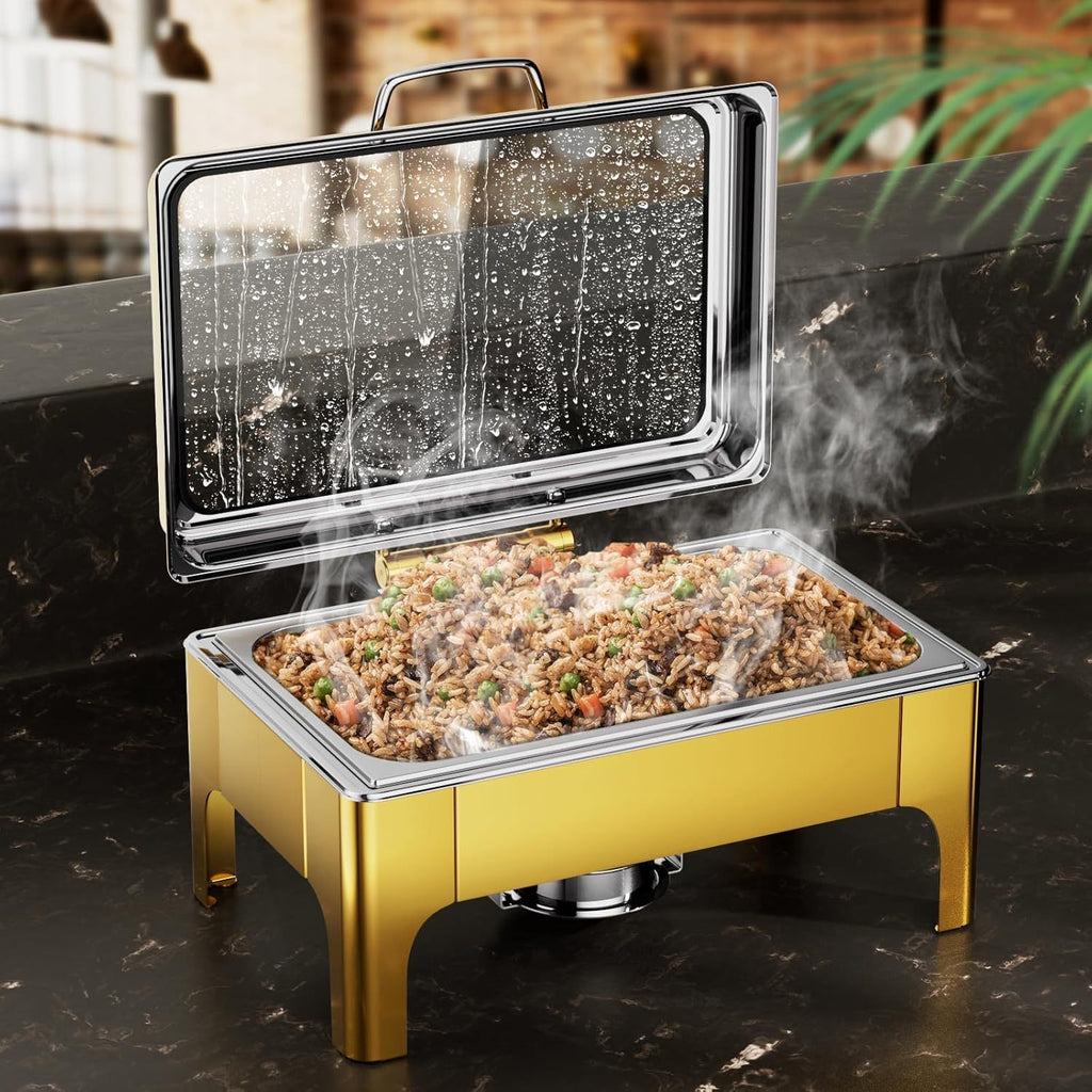 9QT square 304 stainless steel hot pot, hydraulic glass cover and food pot - golden buffet heater, suitable for catering, parties, events and home use only for cooking (1 pack))