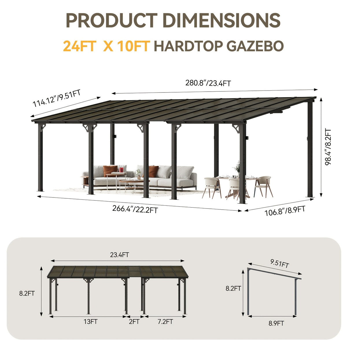 Outdoor Gazebo & Pergola Set - Hard Top Lean-to Wall Mounted Aluminum Alloy Awning With Canopy Roof, Outdoor All-Weather Cover For Patio, Backyard, Deck, Shade & Rain Protection(Multi-size Selection)
