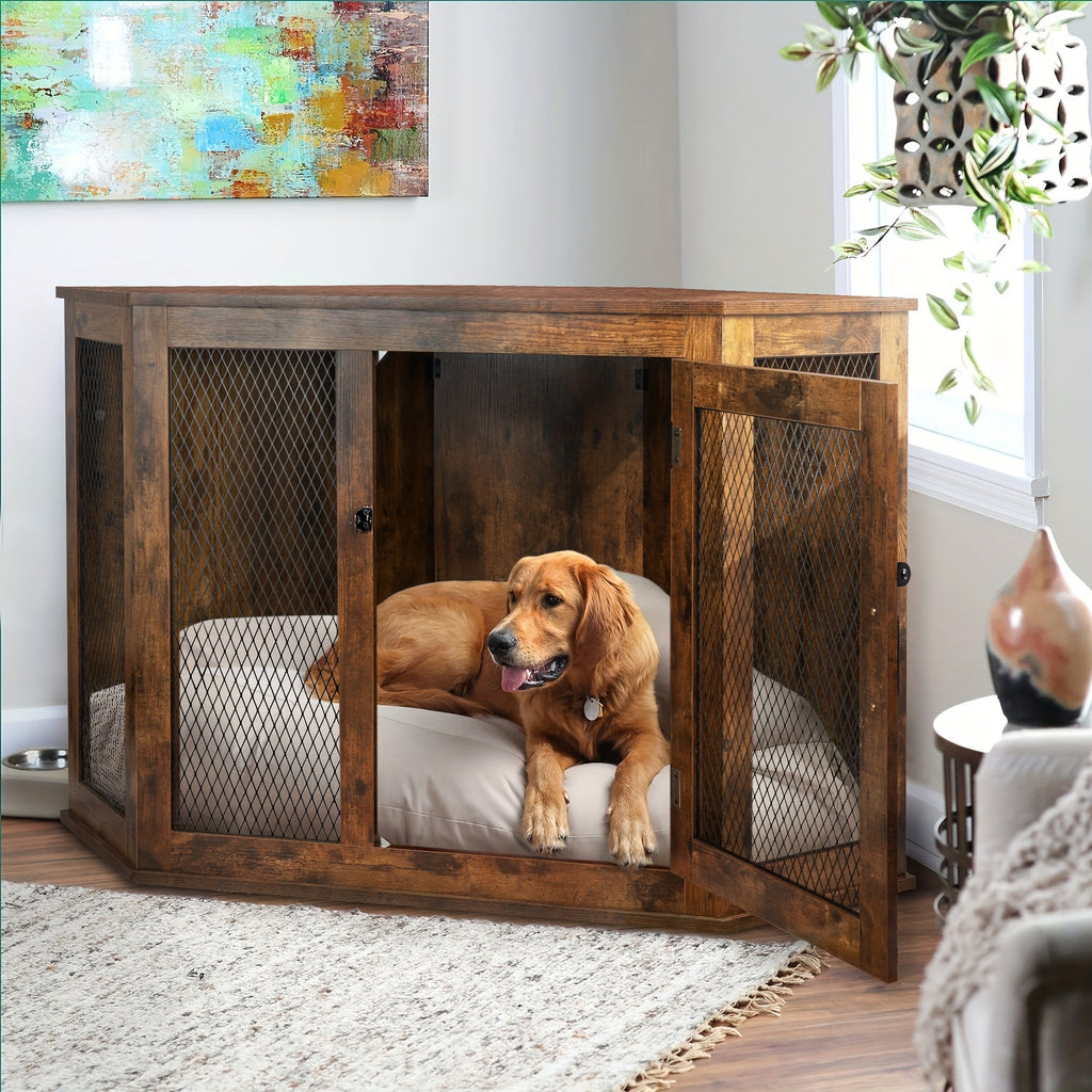 Corner Dog Crate Furniture, 44 Inch Wooden Dog Kennel End Table with Mesh, Decorative Pet Crate Dog House for Large/Medium/Small Dog Indoor Use
