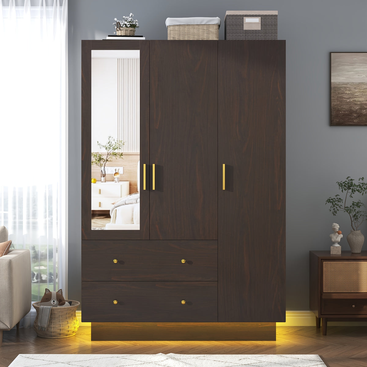 3 Doors Armoire Wardrobe Closet with Mirror, LED Armoire with Doors And Drawers, Wooden Armoire Storage Cabinet with Hanging Rod, Adjustable Shelves