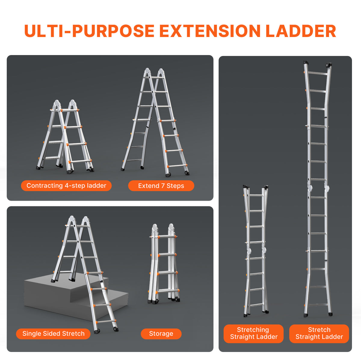 VEVOR Telescoping Ladder A Frame 9.5 FT 2880mm / 11FT 3350 mm / 13 FT 4000mm / 15.5FT 4670 mm / 17FT 5120 mm / 20FT 5990 mm/ 20.5FT 6230 mm Extension Multi-Function for Homework