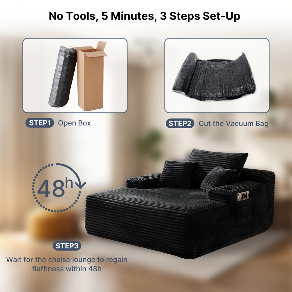 Extra-Large Boneless Sofa Chaise Lounge, with Cup Holder And Side Pockets, Living Room Sofa Chair Bed, Compressible High-Rebound Foldable Recliner, Supportive Pocket Spring System And High-Density Foam Padding, Non-Sinking Convertible Lounge Bed