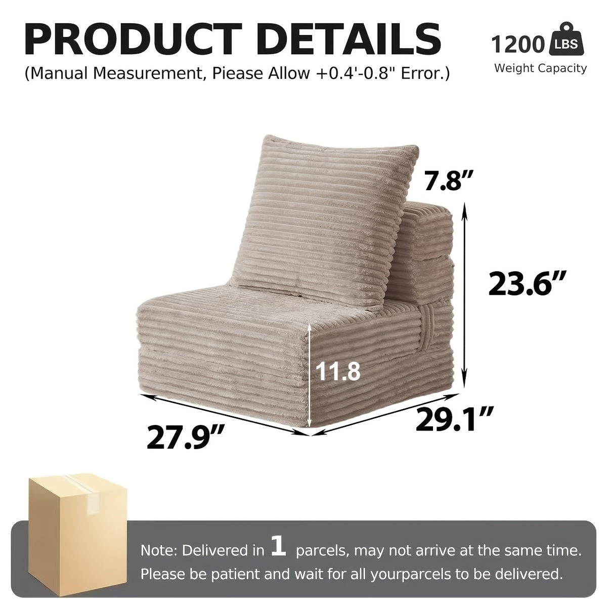 Convertible Floor Sofa Bed, Memory Foam Seating and Folding Armrests for Apartments and Guest Rooms