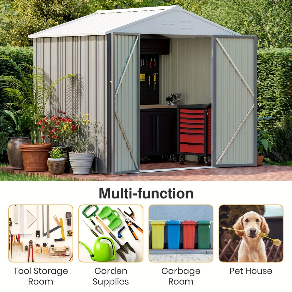 GUNJI 8 X 6 Ft Shed Metal Outdoor Waterproof Storage Shed Steel Utility Garden Tool Shed with Door And Lock Outdoor Storage for Garden Patio Lawn Poolside, Free Shipping