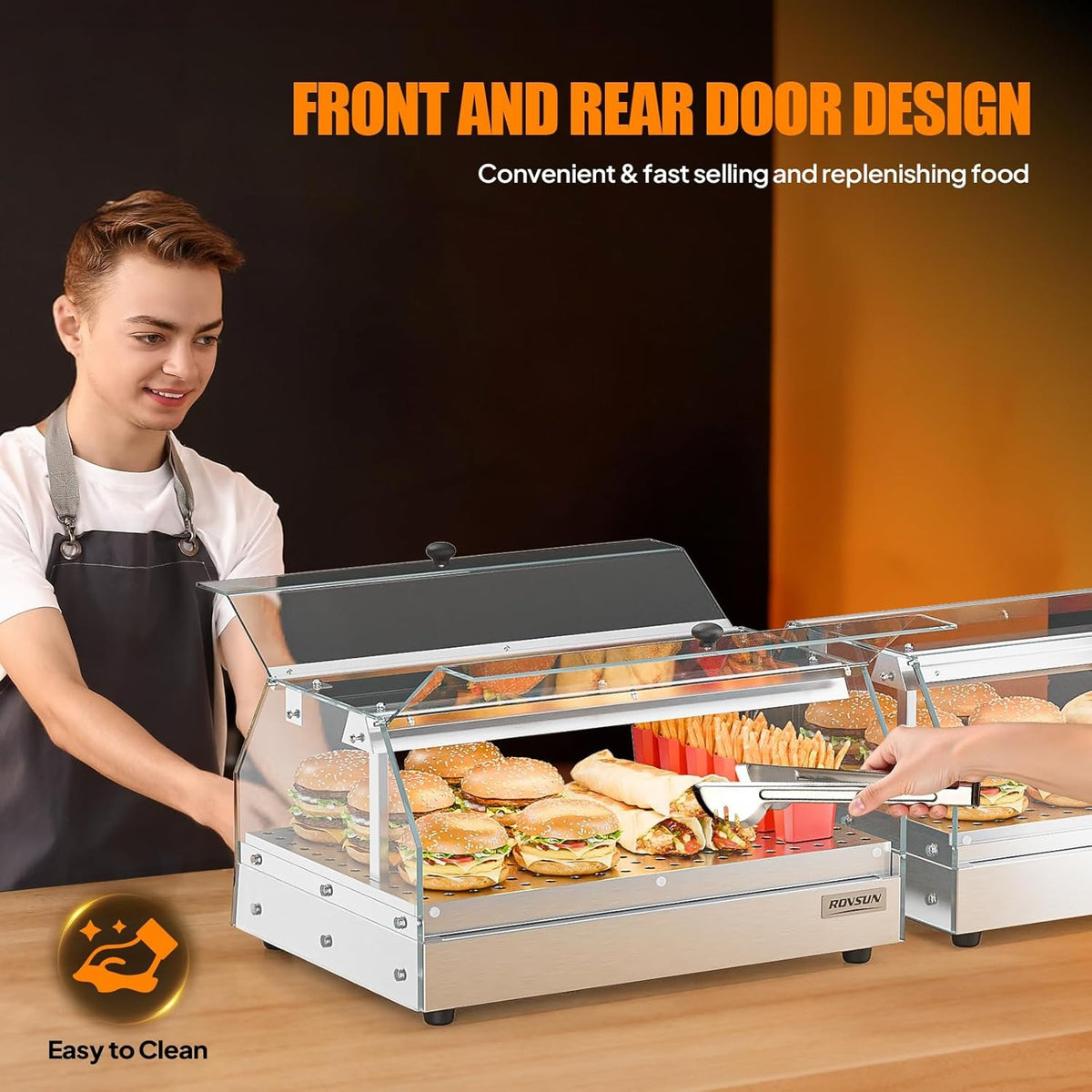 2-Tier Food Warmer Pizza Warmer Countertop, Food Warmer Display Pretzel Warmer with LED Lighting Front and Rear Doors, Electric Catering Hot Box Acrylic for Buffet Restaurant Cafe
