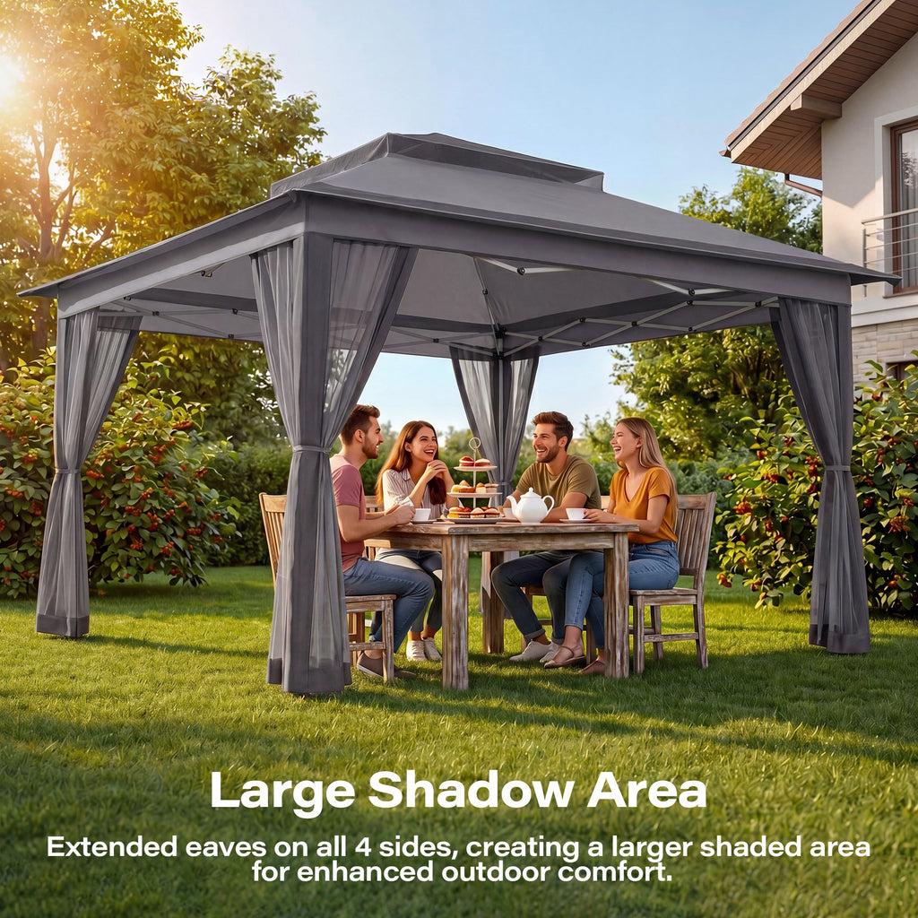 KAMEROUT Canopy Gazebo with Full Mesh Sidewalls, One-Touch Instant Setup Height Adjustable Outdoor Shelter Tent for Patio Backyard Party BBQ