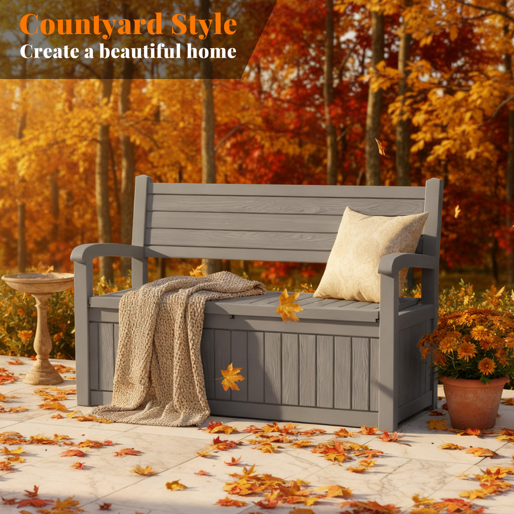 Heavy Duty 80 Gallon Resin Wood Grain Indoor/Outdoor Storage Bench Seating - 500 Lb Comfortable Waterproof Deck Box for Spring Patio Summer Garden Cushions Tools & Backyard Organization