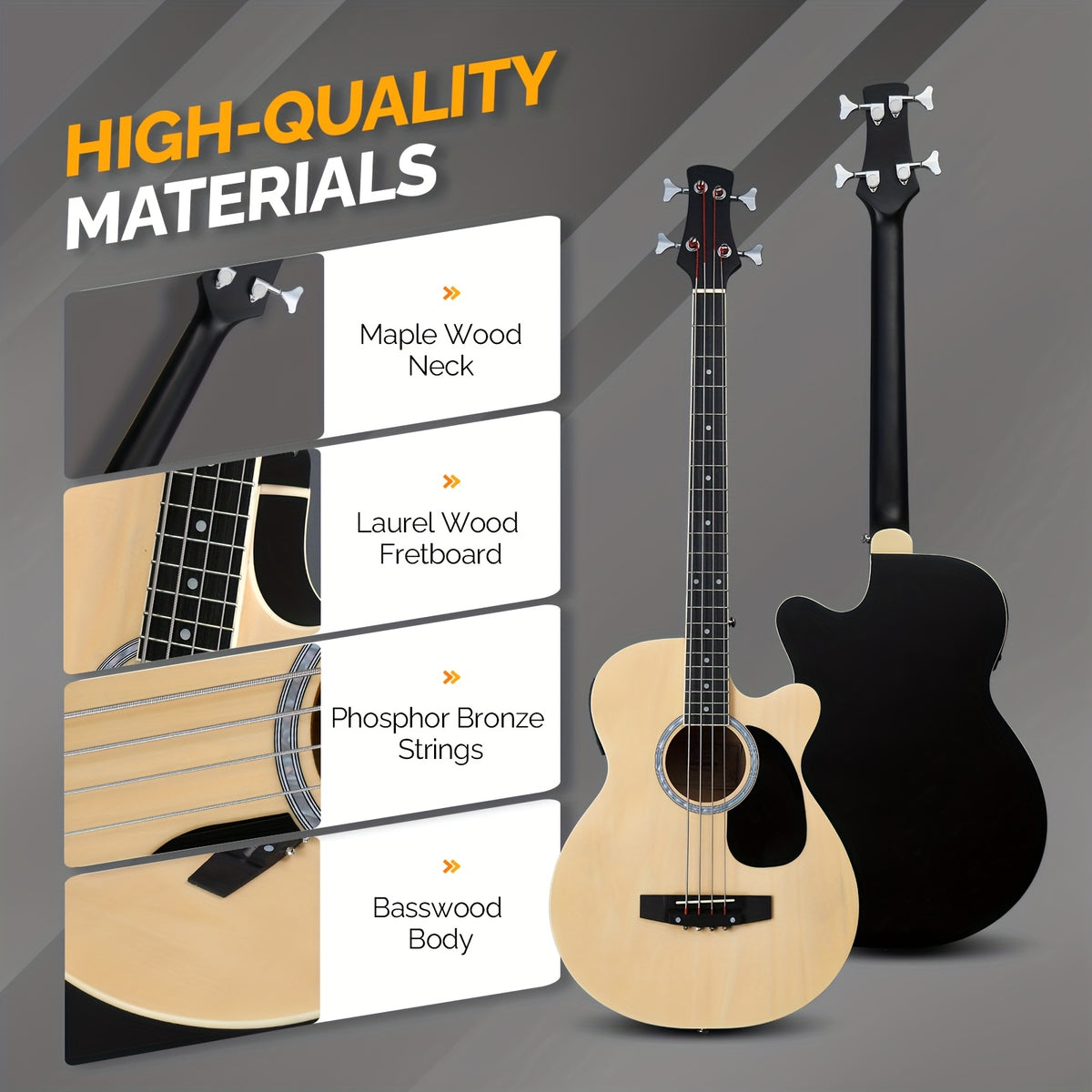 Glarry 4-String Full Size Acoustic-Electric Bass Guitar Kit, Folk Bass Guitar, Cutaway Style, for Beginner Student, ALL-IN-ONE Kit, Complete Accessories with Strap Gig Bag Picks Cable Wrench Tool, Gift for Music Lover