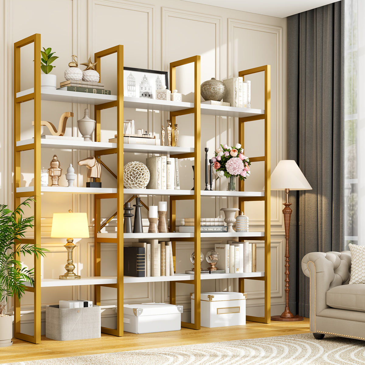 Industrial Bookcase, 71-Inch 5-Tier Triple-Wide Geometric Display Shelf for Home or Office