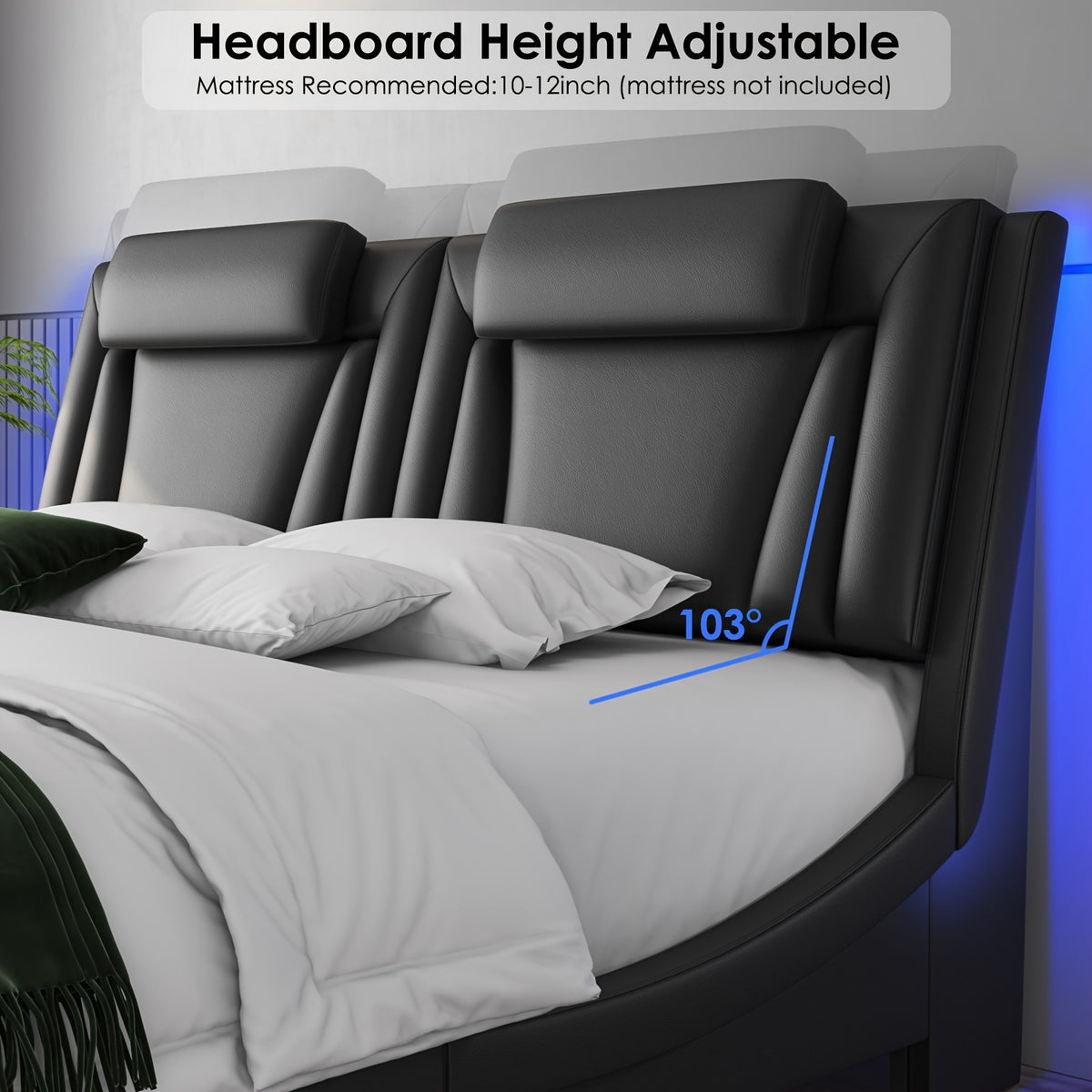 Upholstered Bed Frame Available in Full, Queen, And King Sizes Featuring an Adjustable Headboard, a Wavy Design, a Removable Backrest, And Solid Wooden Slats for Support, Eliminating The Need for a Box Spring, Offered in Faux Leather in White